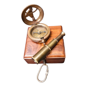 Handmade Brass <b>Compass</b> with Mini Telescope Wooden Box <b>Antique</b> Nautical Navigation Gift Set for Travelers Collectors Home Office - Product Image 1