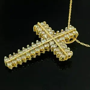 3Ct Round Cut Real Moissanite <b>Cross</b> Charm Women's <b>Sterling</b> <b>Silver</b> 14K Yellow Gold Plated <b>Pendant</b> - Product Image 1