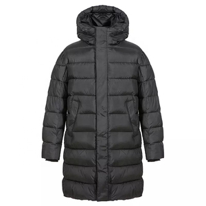 Manteau long à capuche pour homme, noir, décontracté, en polyester, avec poches, logo sur le devant, fermeture éclair, parka - Product Image 2