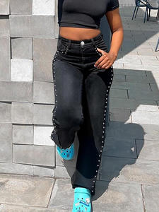 Jeans de mezclilla negros de cintura media, pierna ancha y corte recto, estilo streetwear, holgados, de talla grande, de alta calidad OEM para mujer, ideales para lavar. - Product Image 2