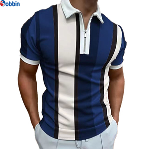 Polo de manga corta a rayas para hombre, de moda, con cremallera, informal, de punto, en bloques de color verde, blanco y negro. - Product Image 3