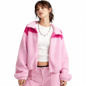 Chaqueta corta de forro polar extragrande para mujer |   Sudadera con capucha y cremallera para invierno |   Decoración con Patrón de Encaje a Rayas Bordado |   OEM Personalizado al por Mayor - Product Image 1