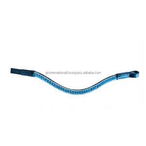 Bandeau de tête pour cheval en cuir véritable, forme vague, orné de cristaux turquoise et argentés, personnalisable dans toutes les tailles et couleurs. - Product Image 1