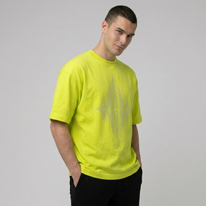 T-shirt à manches courtes pour homme, jaune fluo, col rond, motif géométrique en strass, coupe classique, jersey respirant en coton, vêtements décontractés - Product Image 3