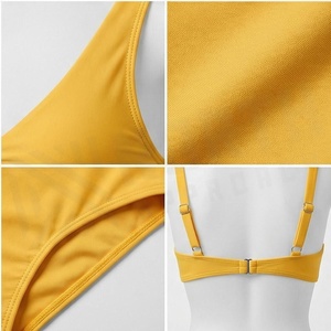 Women Yellow Solid Color Twist Front <b>Bikini</b> <b>Set</b> High Waist Bottom Deep V Neck Spandex Polyester Two Piece Swimwear - Product Image 4