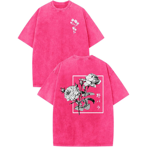 T-shirt noir surdimensionné pour homme avec imprimé rose blanc sur le devant et le dos, design floral, style streetwear, manches courtes, col rond - Product Image 3