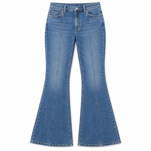 Jean bleu à couture avant, coupe évasée, en denim délavé, cinq poches, style décontracté streetwear, vente en gros, fournisseur OEM, vêtements - Product Image 1