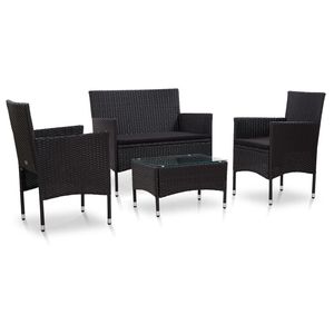 Set da salotto in 4 pezzi in Poly Rattan nero con comodi cuscini per mobili da esterno - Product Image 1