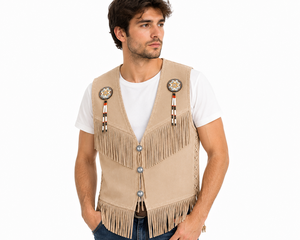 Chaleco Formal Occidental para Hombre de Alta Calidad, Beige, Transpirable, de Cuero de Ante con Flecos, Cuentas y Adornos, Hecho a Mano, Cuello en V, Verano, OEM - Product Image 3