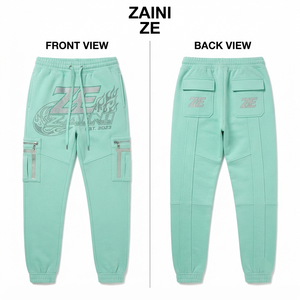 <b>Men</b> Premium 320 GSM Cotton Fleece Jogger <b>Pant</b> Mint <b>Green</b> <b>Cargo</b> Style Rib Cuffs Custom Rhinestone Heat Transfer Logo Streetwear - Product Image 1
