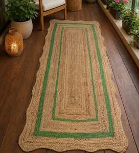 Tapis de couloir en jute naturel avec bordure verte, tapis d'entrée bohème, tapis de cuisine rustique, tapis de sol tissé à la main - Product Image 1