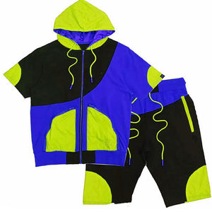 Ensemble de survêtement pour homme à capuche, color-block, séchage rapide, léger, sportif, manches longues, gris avec fermeture éclair néon - Product Image 4