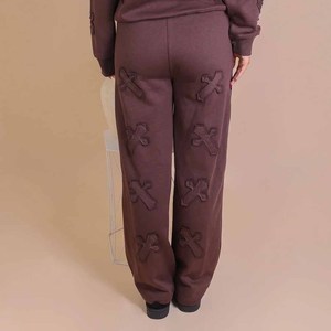 Women's Brown 2-Piece Sweatshirt <b>Set</b> Loose Fit Casual <b>Knitted</b> Applique Crew Neck Full Sleeve Ankle-Length Polyester/Cotton Long - Product Image 2