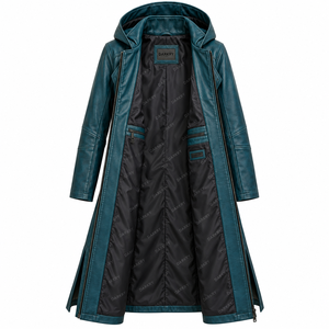 Manteau long en cuir bleu sarcelle à capuche avec fermeture éclair sur le devant, sur mesure, service OEM/ODM - Product Image 5
