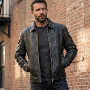 Diesel Men's Genuine Leather Moto <b>Jacket</b> Turn-down Collar Zipper Closure Solid Black Regular Length Autumn Wear - Product Image 2