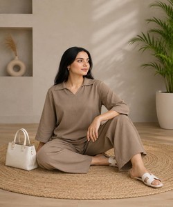 Women Cotton Kurta Palazzo Set Loose Fit Casual Wear India Pakistan Style Beige Color All Seasons 85212 FVD- KitkatTop-Plazoo - Product Image 2