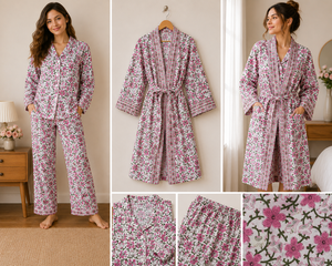 Conjunto de Pijama y Bata Kimono a Juego para Mujer, 100% Algodón, Estampado a Mano, Floral Rosa, Ropa de Dormir, Ropa de Estar por Casa, Set de Regalo - Product Image 4