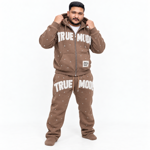 Rexfit Sports <b>Mens</b> Chenille <b>Letter</b> Streetwear Tracksuit Zip Fleece <b>Jacket</b> Custom Jogger Pants Rhinestone Detail Custom Logo Set - Product Image 1