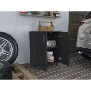 Armadio a Due Ante con Finitura Wengue Nero e Ruote, Scaffali per Garage di Lions - Product Image 1