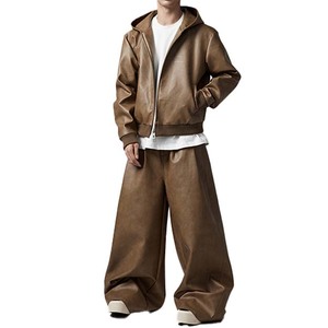 Men's Brown Leather Hooded Tracksuit Set Full Length Loose Fit Streetwear Solid Color Zipper Closure Side Pockets - Product Image 4