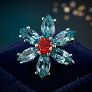 Flower Shape Cocktail <b>Ring</b> with Blue Marquise Red Center Natural Gemstone Rose <b>Gold</b> Plated 925 Silver Women's Classic Jewelry - Product Image 3