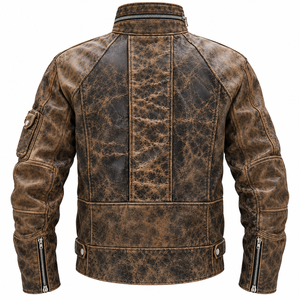 Chaqueta Bomber de Cuero Genuino para Hombre, Color Marrón, Acabado Desgastado, Transpirable, Cuello Alto Informal, Múltiples Bolsillos, Estilo Motero - Product Image 2