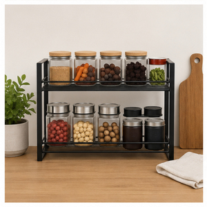 Étagère à épices en métal à 2 niveaux pour comptoir et placard, organisateur de rangement de cuisine noir peu encombrant pour bocaux et bouteilles, en promotion - Product Image 3