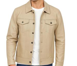 Chaqueta de Cuero Sintético Beige, Cuello Camisero, Cierre de Botones, Corte Regular - Product Image 1