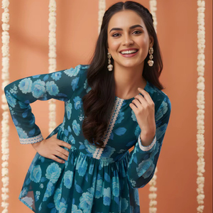 Ensemble Kurta Sharara en Georgette Imprimée Bleue, Manches Longues, Longueur Hanche, Tenue de Fête Entièrement Cousue, Vêtement Ethnique Disponible - Product Image 1