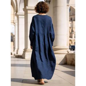 เดรสยาวผ้าฝ้ายลินินสีเบจสำหรับผู้หญิง ทรงหลวม แขนยาว สไตล์ลำลองโบโฮ - Product Image 2