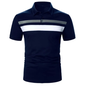 Polo en tricot à manches courtes pour homme, design décontracté à blocs de couleur rayés, coupe classique, bleu avec rayures blanches et grises, boutonné - Product Image 1
