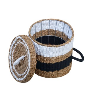 Cestas de lavandería de yute y algas marinas tejidas en color crema y negro, cestas de almacenamiento hechas a mano, venta al por mayor, ecológicas, hechas en Vietnam - Product Image 1