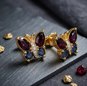 Pendientes de Mariposa Rojos y Azules con Piedras Multitamaño y Circonitas Cúbicas, 3 Pulgadas, 8 Gramos, Plata de Ley 925, Chapado en Oro de 18K, Joyería Étnica - Product Image 2