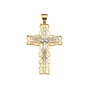 14K blanco y amarillo dos tonos oro circonita cúbica crucifijo cristiano Cruz encanto colgante para hombres mujeres - Product Image 1