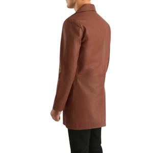 <b>Men</b>’s Cognac Brown Genuine <b>Leather</b> <b>Long</b> <b>Coat</b> Notch Lapel Four Button Premium Formal Casual Winter Outerwear - Product Image 2