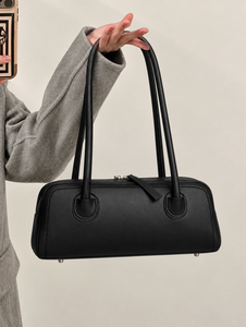 Bolso de Hombro de Cuero Genuino para Mujer, Color Negro, Cierre de Cremallera, Doble Compartimento Superior, Estilo Boston, Color Sólido, para Uso Diario, Otoño/Primavera - Product Image 3