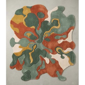 Organic Shape Area Rug Abstract Irregular Modern Tufted Green Terracotta Mustard Cream Contemporary Living Room Bedroom Carpet - Product Image 1