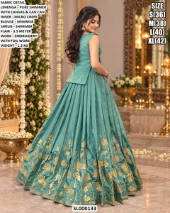 Turquoise Shimmer <b>Lehenga</b> Choli With Gold Embroidery Foil Work Floor Length Wedding Wear For <b>Women</b> India Pakistan Style - Product Image 1