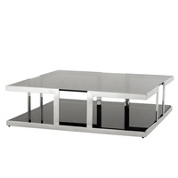 Nouvelle table basse élégante et moderne avec plateau en verre, finition nickel, acier inoxydable argenté, forme carrée, meubles de salon de qualité supérieure