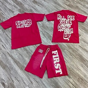 Conjunto de Camiseta y Pantalones Cortos Unisex de Dos Piezas con Estampado Puff Hecho a Medida, 100% Algodón, Impresión Serigrafiada, Efecto Desgastado por el Sol, Conjuntos Cortos de Verano - Product Image 2