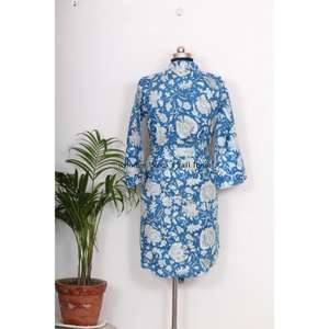 Vestido Kimono de Algodón para Mujer, Estilo Bohemio con Cinturón, Túnica Larga Elegante con Diseño Azul Luna, Cintura Natural - Product Image 6