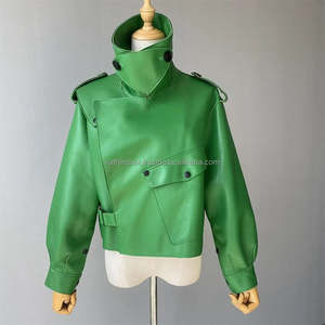 Vert Croisé Surdimensionné Revers Col Cavalier Automne Printemps Rue Lâche En Cuir Lisse Vestes Pour Femmes - Product Image 3