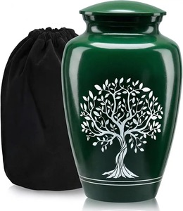 Green Cremation <b>Urn</b> for Adult Ashes with Gold Tree Design and Gold Bands Decorative <b>Large</b> Aluminium Funeral <b>Urn</b> With Metal Lid - Product Image 6