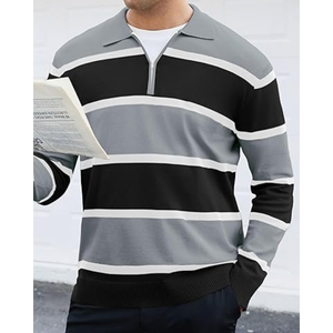 Pull tricoté rayé pour homme à col et demi-zip, manches longues, style décontracté pour le golf, teint uni, 95% coton, anti-rétrécissement - Product Image 4