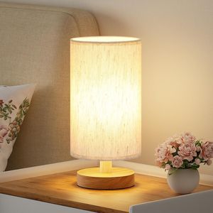 Lampada da Tavolo Piccola con Lampadina LED A15 3000K, Facile Montaggio, Controllo Integrato, Paralume Crema e Base in Legno 9\" per Camera da Letto - Product Image 1