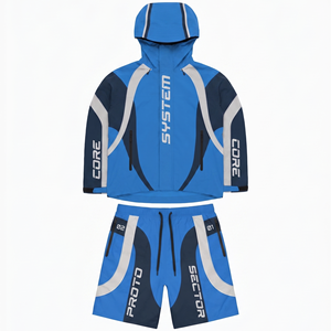 320 GSM Premium Polyester Cotton Color Block Panel Tracksuit Set Custom Embroidered Logo Windbreaker Shorts for Men - Product Image 6