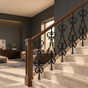 European Style Wooden Staircase <b>Handrail</b> with Black <b>Wrought</b> <b>Iron</b> Balusters - Product Image 1