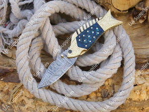 มีดพับเหล็กดามัสกัสคุณภาพระดับมืออาชีพจากโรงงานโดยตรง สำหรับตั้งแคมป์/ตกปลา ความแข็ง 58 HRC คมกริบ ระดับอุตสาหกรรม ด้ามไม้ทองเหลือง - Product Image 2