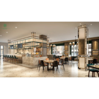 Comptoir central ouvert sur mesure avec porte-bouteilles suspendu, panneau mural en bois, table à manger et chaises pour l'intérieur d'un restaurant moderne