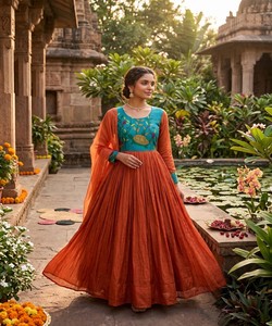 Elegant A-Line Maxi <b>Dress</b> Hand Drawn Pattern Orange <b>Viscose</b> Fabric O-Neck Natural Lace Evening <b>Dress</b> DHANLAXMI DS31 86756 - Product Image 2